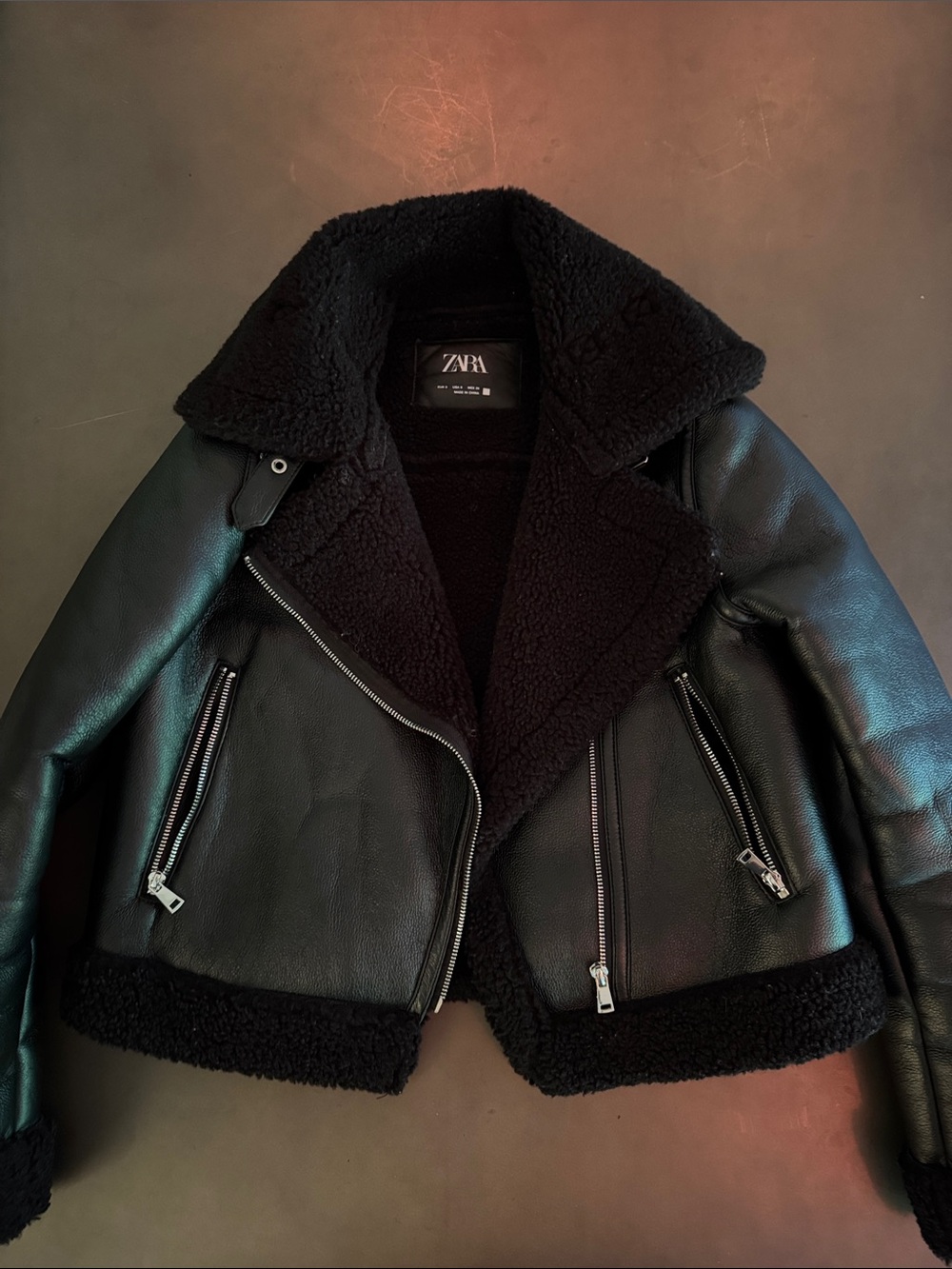 Zara Black Faux-Leather Shearling Biker Jacket